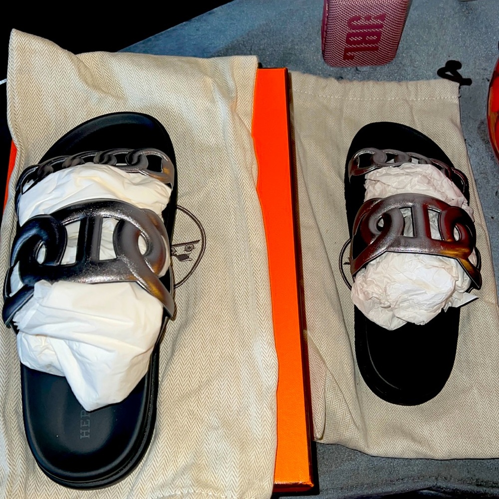 Silver and black Hermes sandals